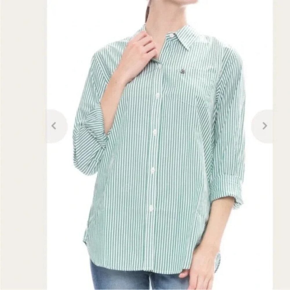 Alex Mill Womens Green White Striped Cotton Button Down Shirt XS Pocket Knot